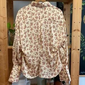 Zara Beige Cream Floral Satin Long Sleeve Button Down Shirt Blouse Size XS